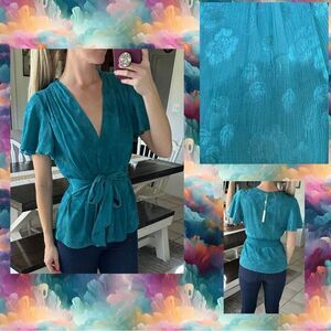 Max Studio Teal Blue Jacquard Chiffon Wrap Style Flutter Sleeve Blouse